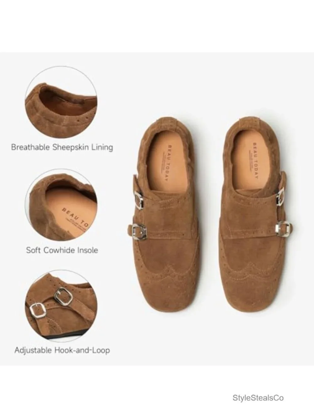 Women's Suede Double Monk Strap Loafers Square Toe Brogue Sheepskin Lining